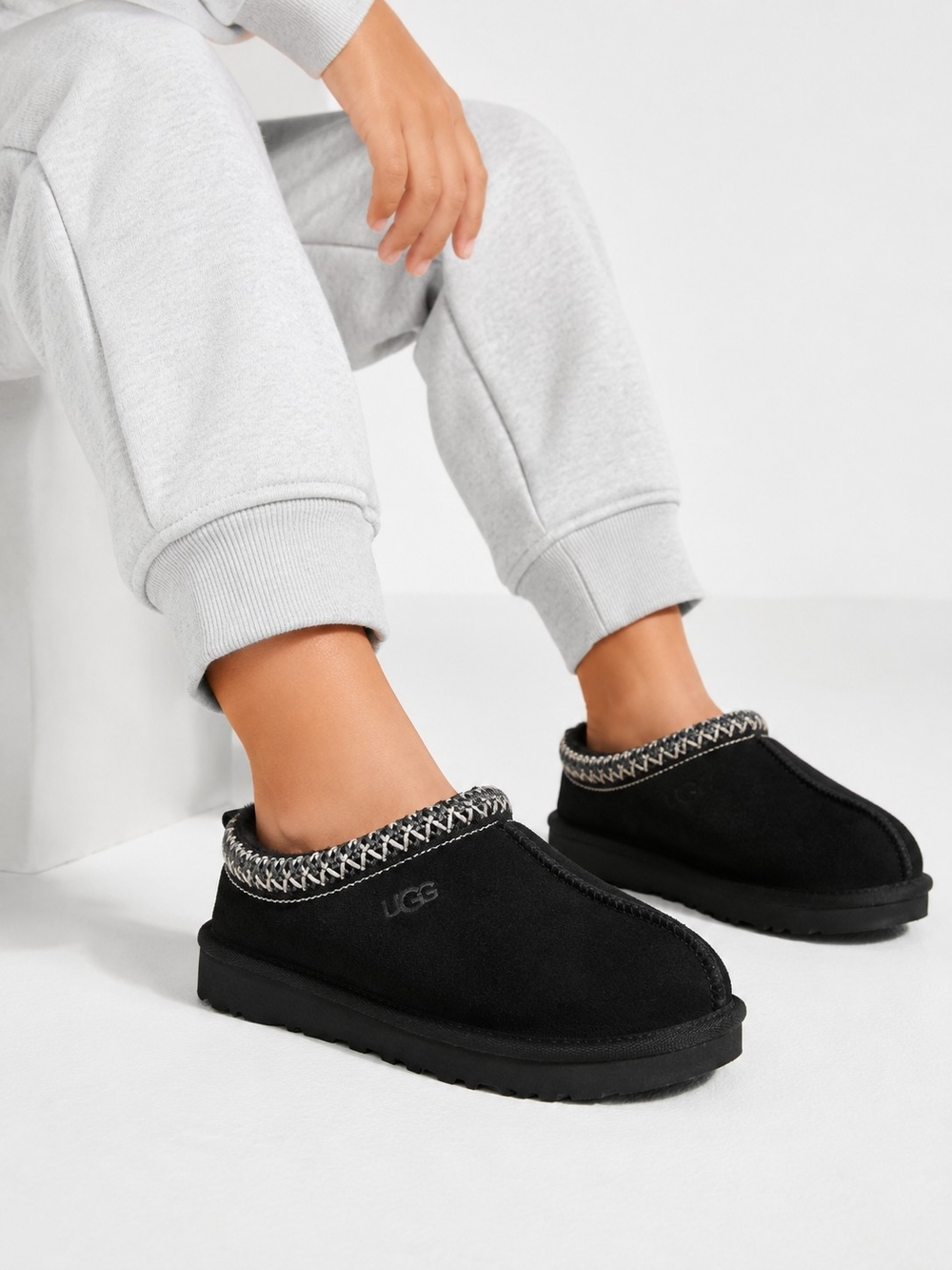 UGG Kids Black Tasman Knit-Trim Slip-On Slippers